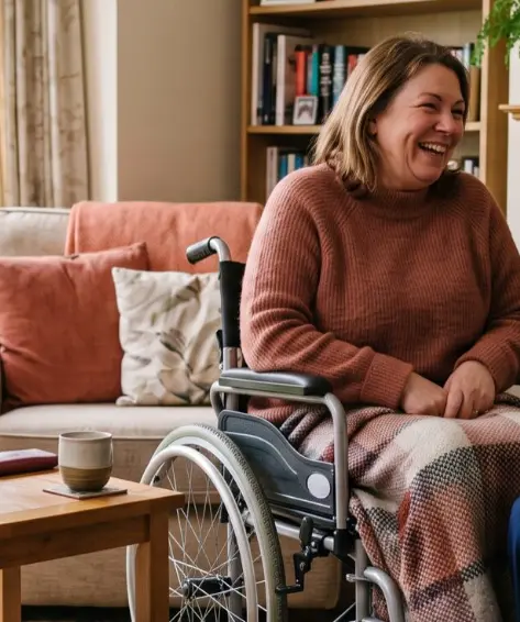 A woman sits in a wheelchair