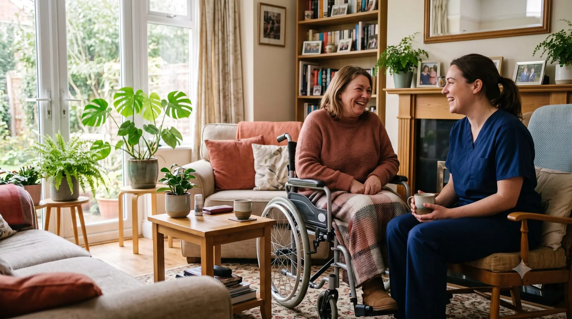 A PCS support worker with a client at home